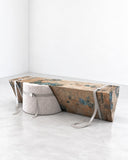 Richard Yasmine Size Matters Coffee Table featuring a broad, irregularly shaped top with expressive multicoloured patterning and sculptural contrasting supports. Its organic outline and distinctive surface design create a bold focal point for contemporary living spaces.