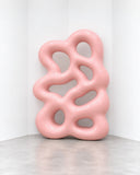 Ryan Mercer Gum Shelf featuring a sculptural pink frame with flowing, interconnected curves and rounded openings. Its organic outline combines functional shelving with a playful contemporary art-object aesthetic.