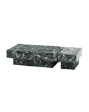 Contemporary THERRA coffee table crafted from dark green veined stone with an architectural rectangular form and offset supports. Its sculptural construction creates a strong focal point for modern interiors.