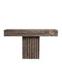 Sculptural THERRA console crafted from textured travertine with a slim rectangular top and vertically fluted pedestal base. The monolithic stone construction combines tactile craftsmanship with contemporary architectural design.