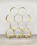 The Whole Brass Shelf featuring interconnected circular brass compartments with glass shelves. A sculptural designer shelving unit for contemporary luxury interiors.