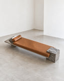 CoExist daybed featuring a warm-toned upholstered surface framed by reflective stainless steel end supports. The elongated form and contrasting materials create a refined contemporary lounging piece.