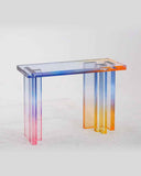 Close up of translucent resin leg transitioning from blue to pink magenta
